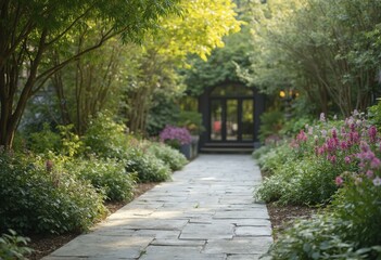 Garden Pathway with Pink Flowers and Wooden Arbor Entrance