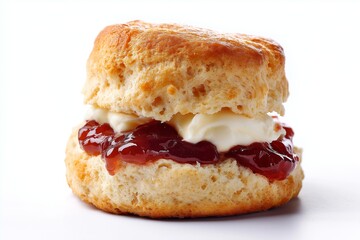 delicious scone with cream and jam isolated on white background