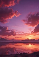 Obraz premium Crimson, rose, violet hues blend seamlessly across vast sky Stunning sunset panorama , stunning, view