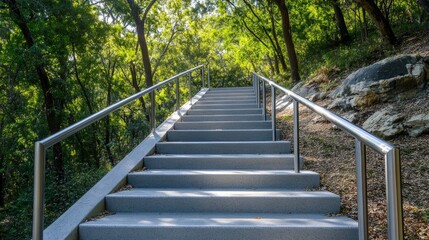 Long exterior staircase climbing upward with light gray concrete steps and a shiny metal railing