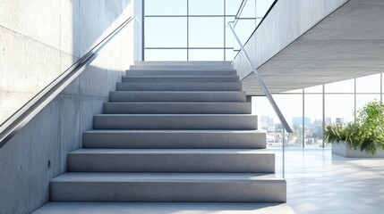Minimalist architectural staircase with raw concrete treads and a linear metal handrail, clean and modern