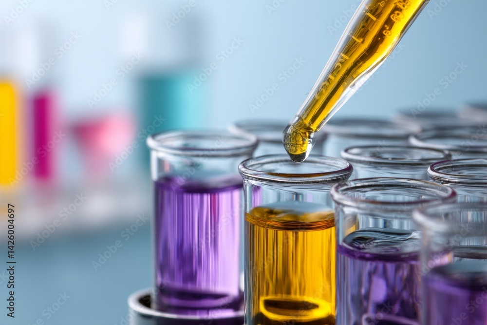 Poster precisely dispensing colorful liquids into test tubes for experiments in a lab setting