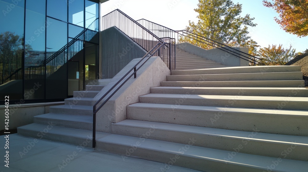 Poster side angle view of a staircase with uniform concrete steps and an angular steel handrail