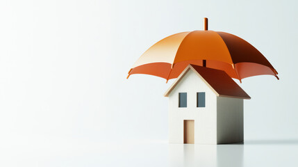 small house model is protected by large orange umbrella, symbolizing safety and security. minimalist design emphasizes concept of shelter and protection in modern setting