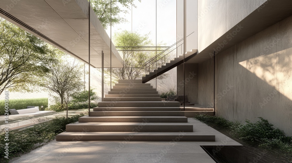 Poster sleek staircase detail showing textured concrete steps and thin metal railing with sharp geometry