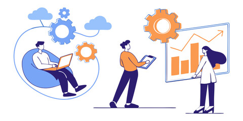 Modern business vector with professionals engaging in analysis and teamwork using gears and charts to visualize digital project progress and success