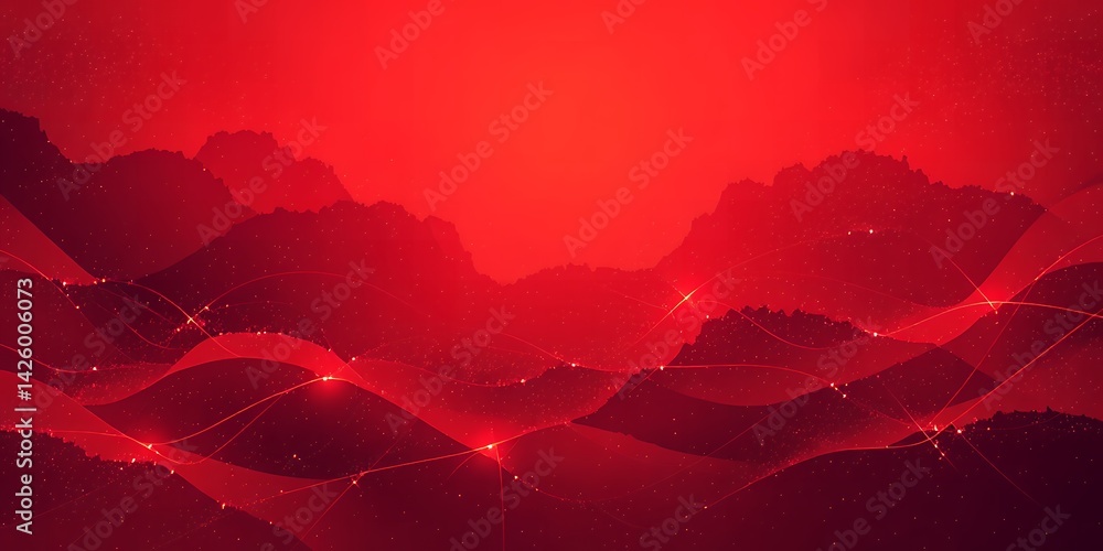 Poster abstract red landscape with wavy mountains and glowing lines creating a dynamic composition