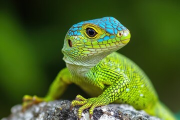 Fototapeta premium A vividly colored lizard perched on a textured rock structure