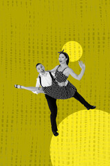Zine creative vertical photo collage of happy girl guy couple dance weekend party celebration event discotheque chill occasion relax