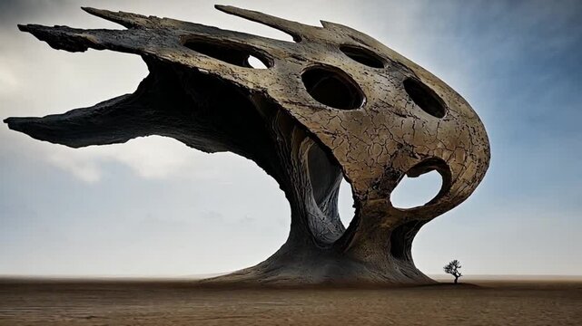 Surreal architectural structure resembling a giant shell in a barren landscape at dusk