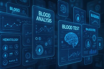 Digital Medical Futuristic Interface 3D Rendering Concept. Digital Interface Displaying Blood Analysis, Test Results, and Hematology Data for Medical Use