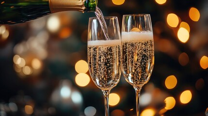 Pouring sparkling wine into glasses against a blurred background of festive lights, New Year celebration.