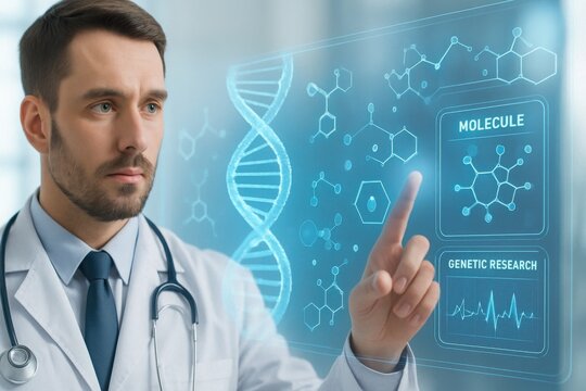 Digital Medical Futuristic Interface 3D Rendering Concept. Serious male doctor analyzing molecular structure in laboratory with digital genetic research interface