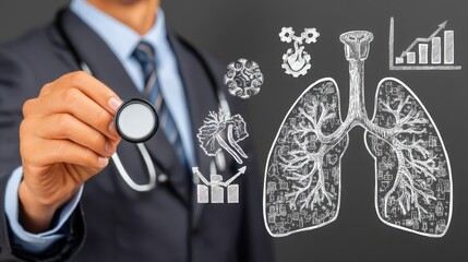 Digital Medical Futuristic Interface 3D Rendering Concept. Medical Professional Analyzing Lung Health with Stethoscope and Data Visualization Elements