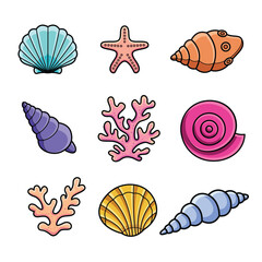 Sea Elements Vector Set Cartoon Shell, Coral and Starfish Illustration