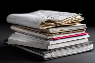 Books stacked with varied covers and yellowed pages resting on a dark surface in a quiet setting