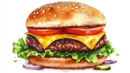 Juicy Watercolor Cheeseburger Illustration Delicious Fast Food Restaurant Menu Design Tasty Burger Patty Melted Cheese Tomato Lettuce Sesame Bun Appetizing Food Photography High Quality Image Perfect 