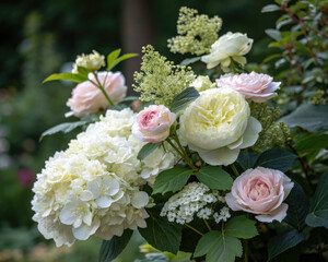 A close-up shot of beautiful white hydrangeas and pink roses in full bloom, perfect for decor.