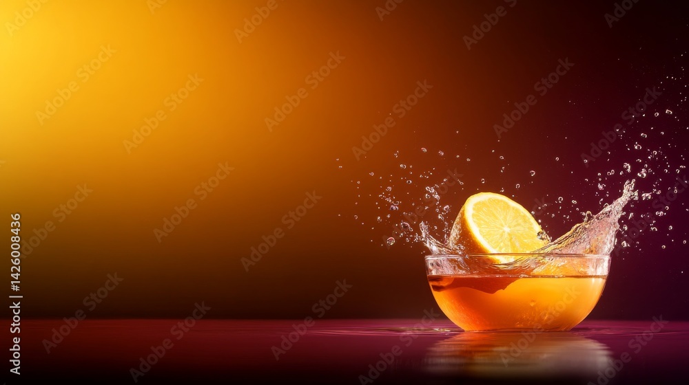 Poster a lemon makes a dramatic splash in clear water, with droplets frozen in mid-air. the dark gradient b