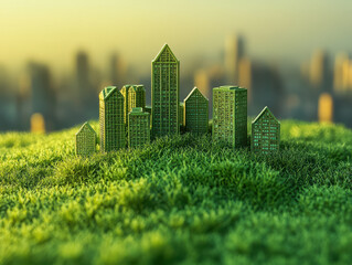 Naklejka na ściany i meble A vibrant city view with green grass in the foreground highlighting green finance initiatives and urban sustainability