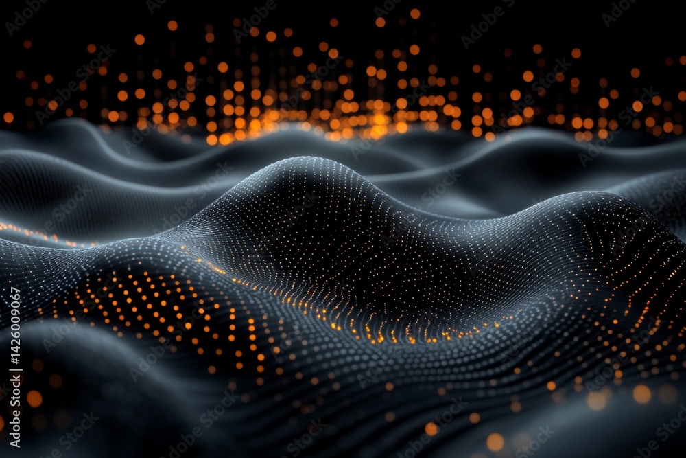 Poster 3D render of dark, flowing data waves with glowing orange lights, data visualization, sci-fi background