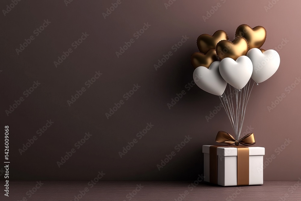 Poster 3D rendering of a Valentine's Day background with golden heart-shaped balloons in a gift box on a pink pastel-colored isolated banner for Happy Mother's Day. A bouquet of glowing gold and white
