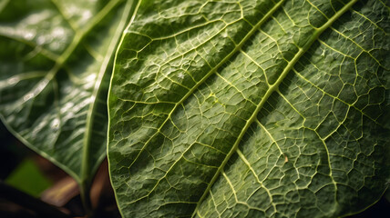 Close-up of a teak tree leaf texture, showing intricate vein patterns and natural imperfections, detailed surface with visible fibers and pores
