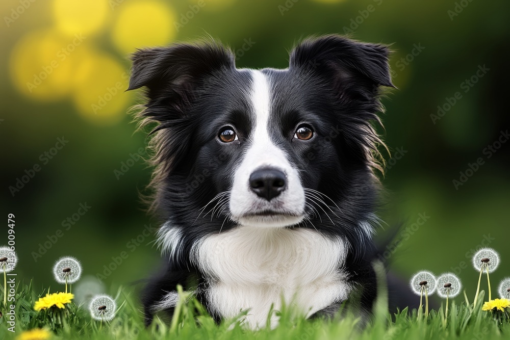 Poster a black and white border collie puppy lying in the grass, surrounded by dandelions with a blurred ba