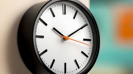 Black rimmed, circular clock on a cream wall. Has an orange second hand and simple face