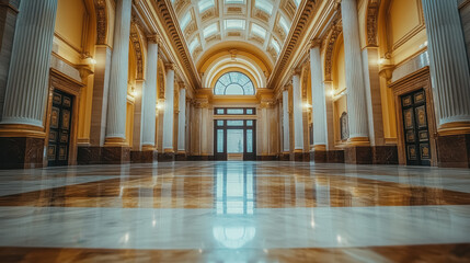 Fototapeta premium Majestic building with a prominent clock tower surrounded by architectural details and urban landscape in daylight