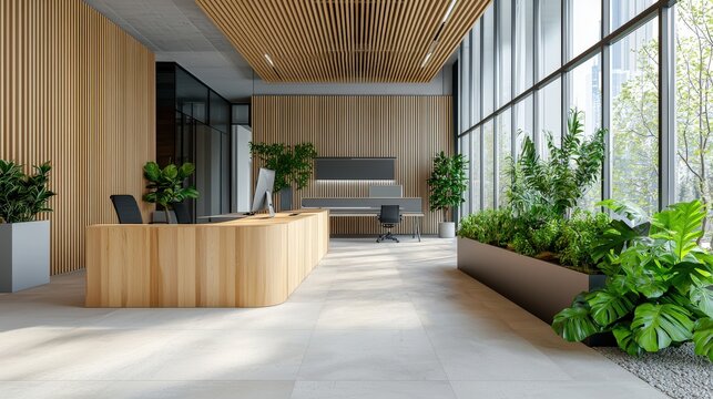 A modern and bright office reception area features a sleek wooden reception desk surrounded by lush potted plants and large showcasing a vibrant city view. - Powered by Adobe