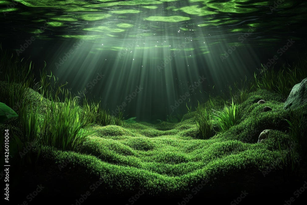 Poster a close-up of green moss and algae, surrounded by water bubbles in the foreground, with sunlight fil