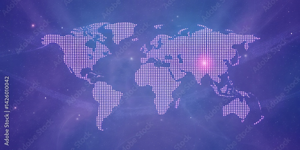 Poster digital world map composed of dots on a purple and blue gradient background with light rays