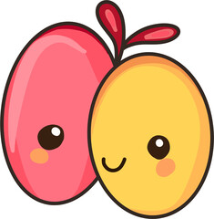Two cute, oval fruits: one pink with a winking eye, the other yellow with a smile and rosy cheek. They have shared red stems.