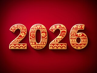 Zodiac-style illustration of a horse with traditional Chinese patterns for the year 2026 on red and gold background. 2026 symbol adorned with traditional Chinese patterns in red and gold