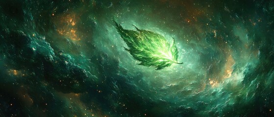 Fototapeta premium Glowing green leaf floating in a dark abstract swirling background.