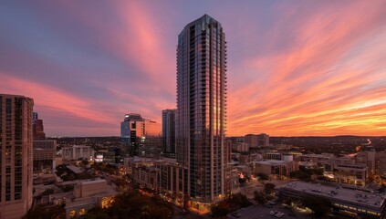Obraz premium Cityscape at Sunset: High-Rise Building Reflects Vibrant Colors, Urban Skyline with Dramatic Clouds