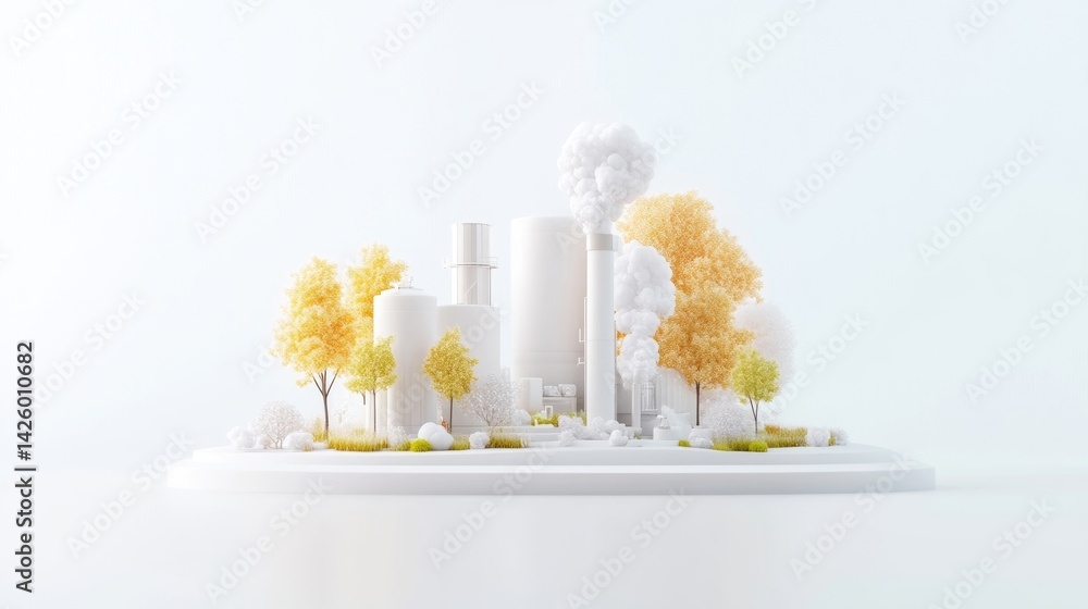 Poster factory with trees minimalist style high-resolution render isometric view detailed model environment