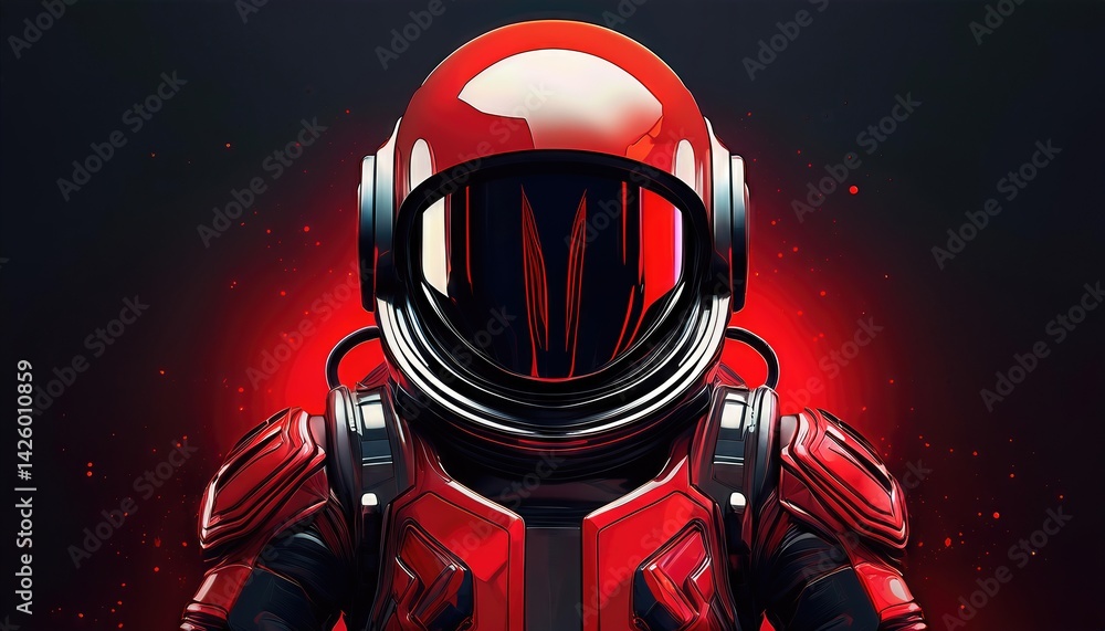 Poster futuristic astronaut in red and black a stark contrast against the backdrop of a technologically adv