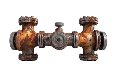 Rusty pipe with a round valve on it on transparent or white background