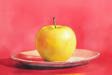 Vibrant yellow apple on a simple plate against a crimson backdrop.