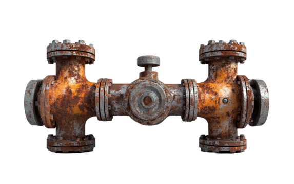 Rusty pipe with a round valve on it on transparent or white background