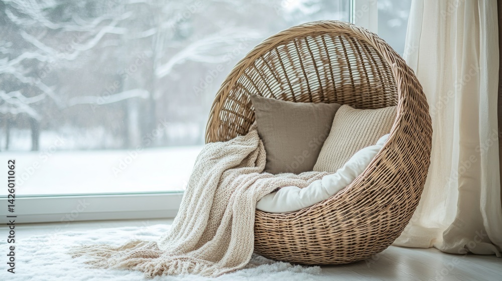 Poster a wicker chair adorned with linen and cotton blankets sits beside a softly lit window in a minimalis