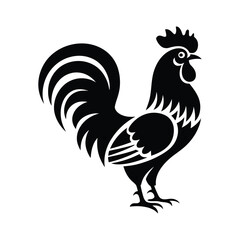 Vector Black Silhouette of a Rooster Standing Proudly with Curved Tail Feathers and Stylish Feathers on a White Background