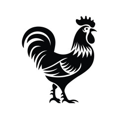 Black Silhouette Vector of Rooster in Side View with Decorative Tail Feathers and Comb on White Background