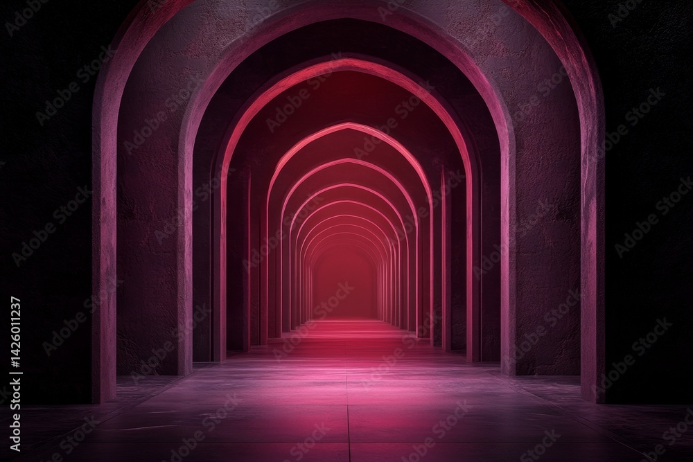 Poster A minimalist and psychedelic design of an empty room with walls made from pink arches, casting soft shadows on the floor, creating an atmosphere that is both dreamy and surreal. The use of bright