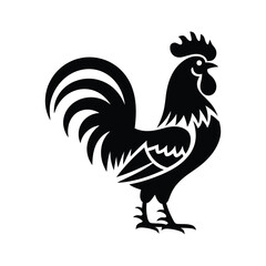 Black Silhouette Vector of Rooster with Bold Curved Tail Feathers and Sharp Plumage in Side View on Light Background