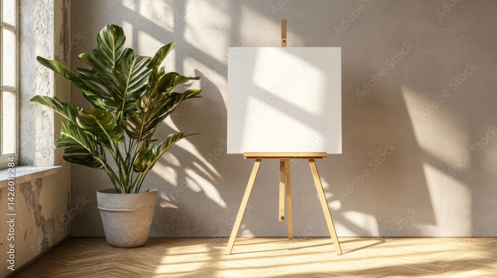 Aufkleber in a minimalistic room, a blank white canvas stands on an easel with a potted plant in the corner, h