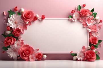 A charming floral frame composed of pink roses, and white daisies on a soft pink backdrop.