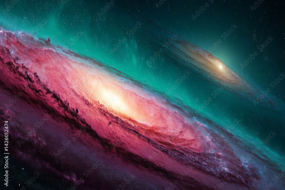 Poster captivating view of a colorful galaxy system with spiraling arms and bright stars in deep space